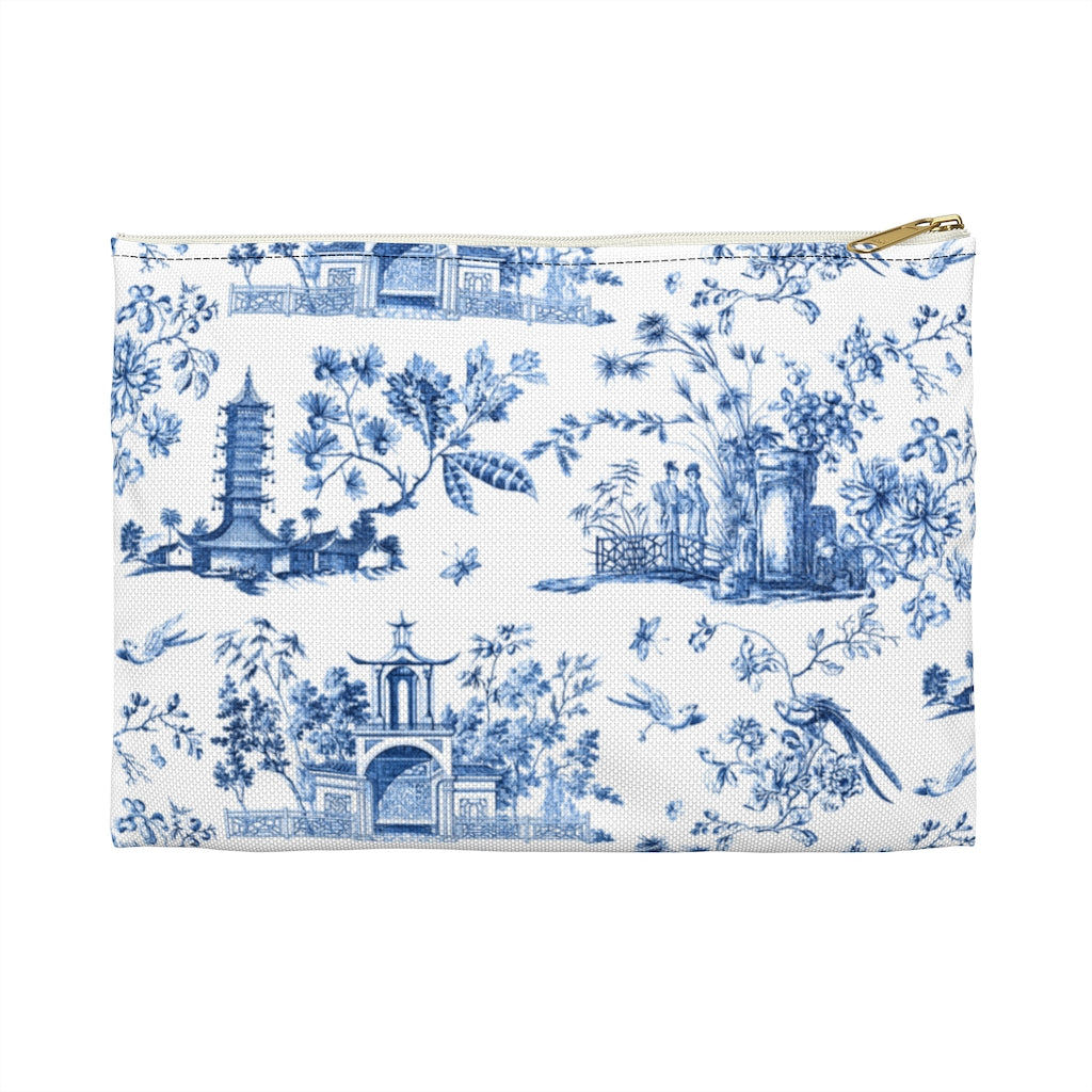 Chinoiserie Toile Blue and White Pattern - Accessory Pouch Zip Closure Available in Two Sizes