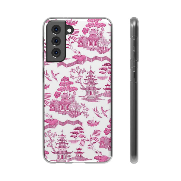 Flexible Phone Case - Chinoiserie Hot Pink and White Toile pagoda Choose style iPhone Samsung