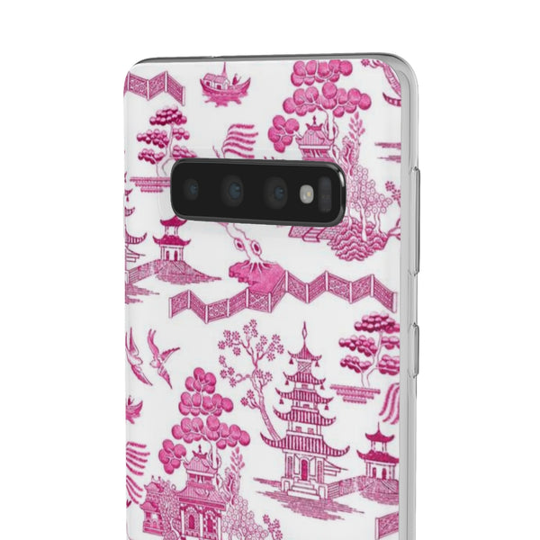 Flexible Phone Case - Chinoiserie Hot Pink and White Toile pagoda Choose style iPhone Samsung