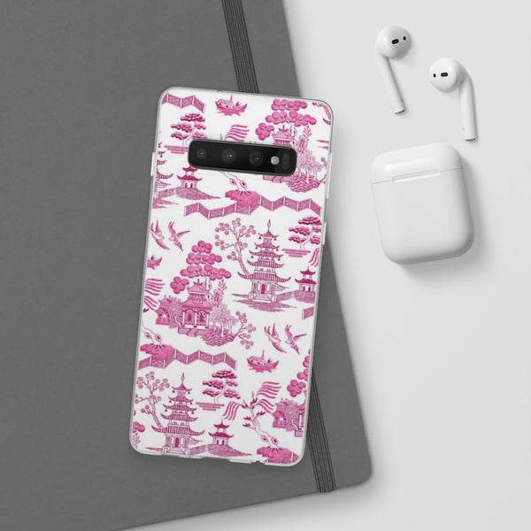 Flexible Phone Case - Chinoiserie Hot Pink and White Toile pagoda Choose style iPhone Samsung