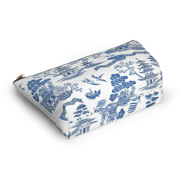 Chinoiserie, Toile, Blue and White - Accessory Zip Pouch Available in Two Sizes - White canvas laminated interior