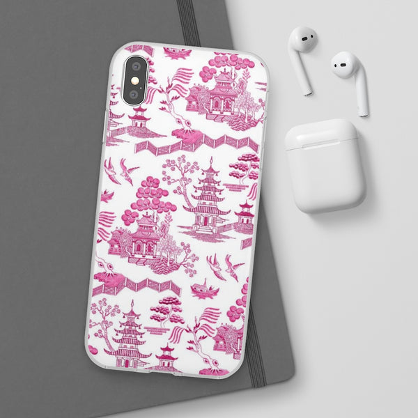 Flexible Phone Case - Chinoiserie Hot Pink and White Toile pagoda Choose style iPhone Samsung