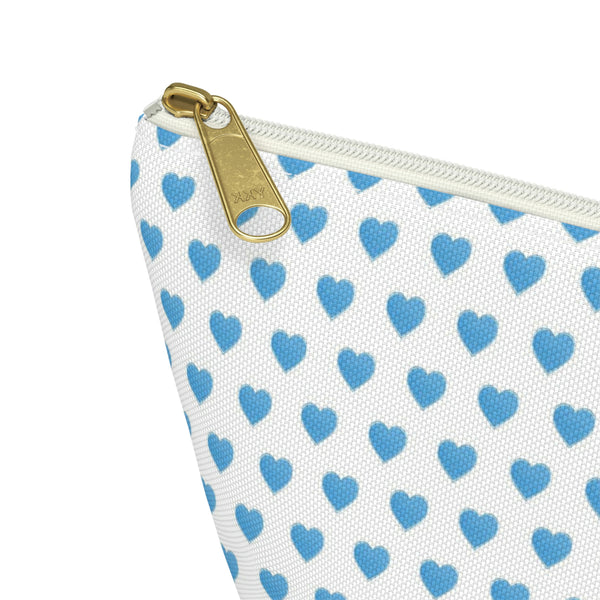 Preppy Watercolor Hearts Blue - Accessory Zip Pouch Available in Two Sizes - White canvas laminated interior