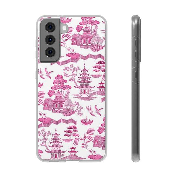 Flexible Phone Case - Chinoiserie Hot Pink and White Toile pagoda Choose style iPhone Samsung