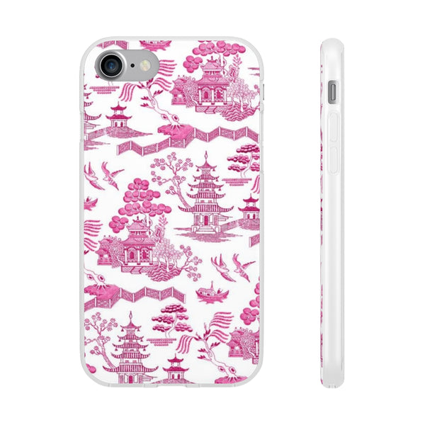 Flexible Phone Case - Chinoiserie Hot Pink and White Toile pagoda Choose style iPhone Samsung