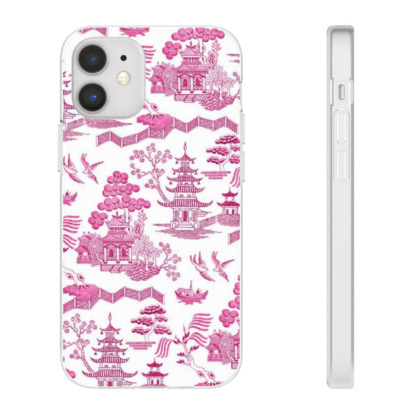 Flexible Phone Case - Chinoiserie Hot Pink and White Toile pagoda Choose style iPhone Samsung