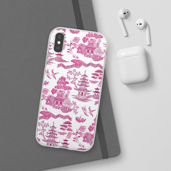Flexible Phone Case - Chinoiserie Hot Pink and White Toile pagoda Choose style iPhone Samsung