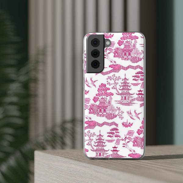 Flexible Phone Case - Chinoiserie Hot Pink and White Toile pagoda Choose style iPhone Samsung