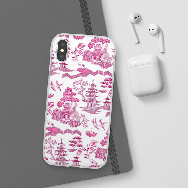 Flexible Phone Case - Chinoiserie Hot Pink and White Toile pagoda Choose style iPhone Samsung